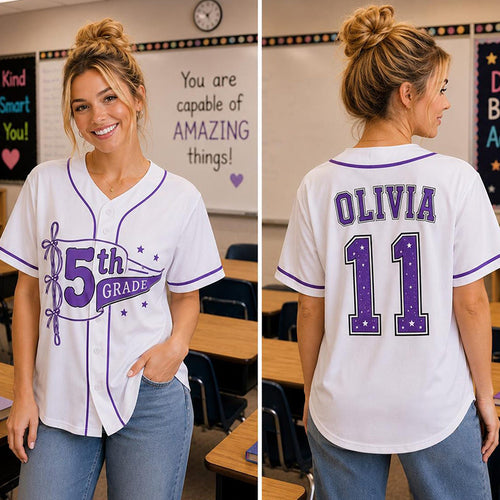 Personalized Grade Name And Number Bow Teacher Baseball Jersey