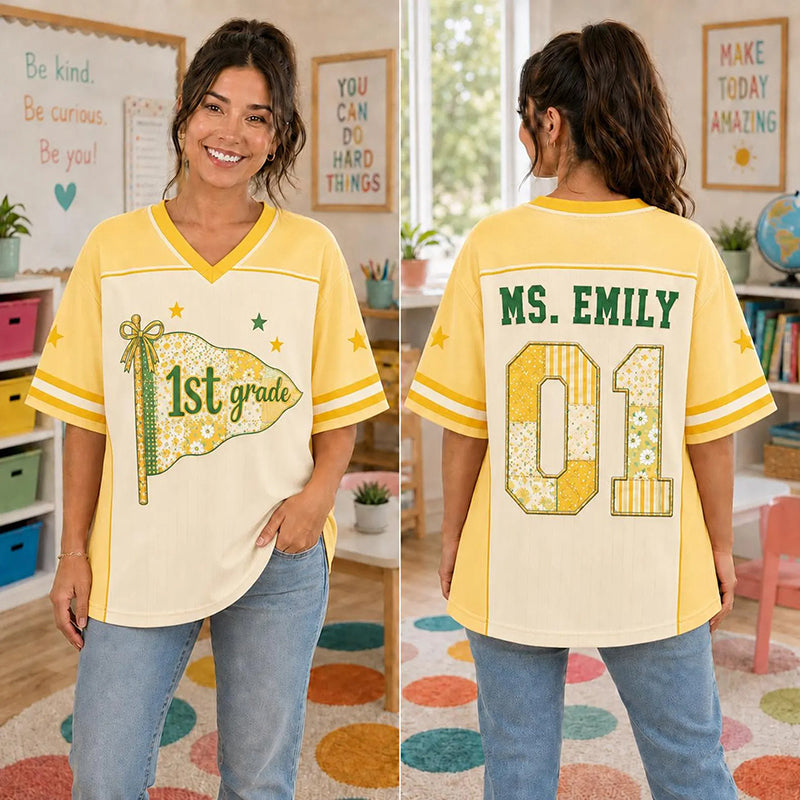 Personalized Grade And Name Preppy Patchwork Pennant First Day Teacher Mesh Jersey