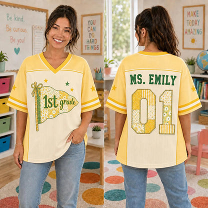 Personalized Grade And Name Preppy Patchwork Pennant First Day Teacher Mesh Jersey