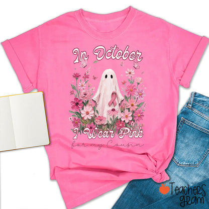 Personalized In October I Wear Pink Ghost Pink Ribbon Floral Memorial Text Teacher T-Shirt