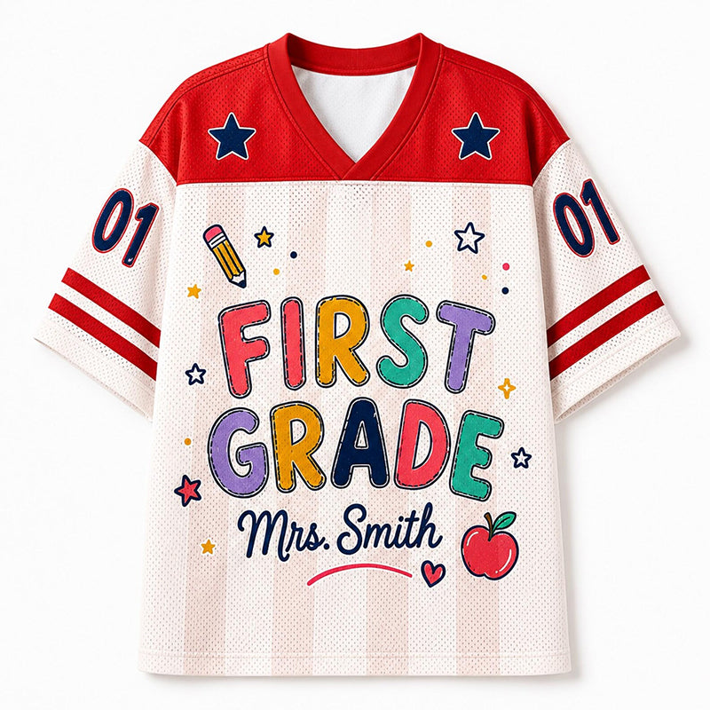 Personalized Grade And Name Preppy Stripes Rainbow Text First Day Teacher Mesh Jersey