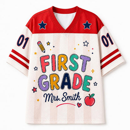 Personalized Grade And Name Preppy Stripes Rainbow Text First Day Teacher Mesh Jersey