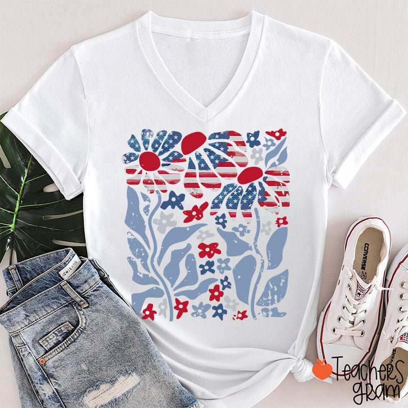 Boho Patriotic Daisy American Flag Floral Teacher Female V-Neck T-Shirt