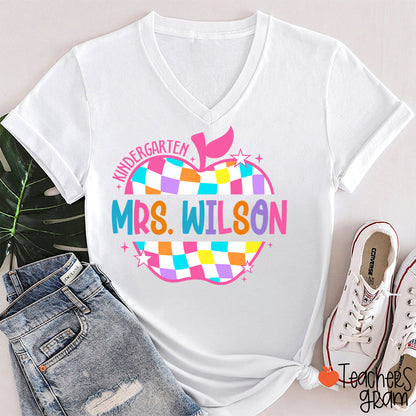 Personalized Colorful Checkerboard Hollow Apple Teacher Female V-Neck T-Shirt