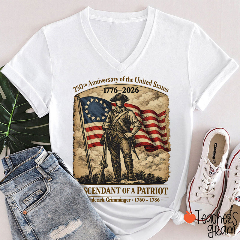 Personalized Descendant Of A Patriot Teacher Female V-Neck T-Shirt