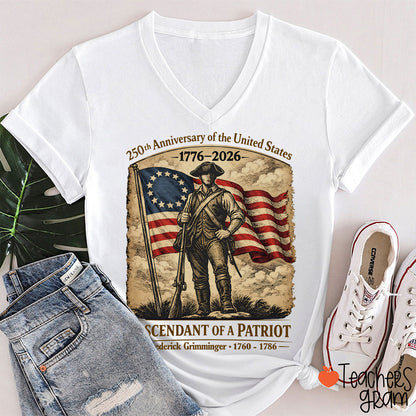 Personalized Descendant Of A Patriot Teacher Female V-Neck T-Shirt