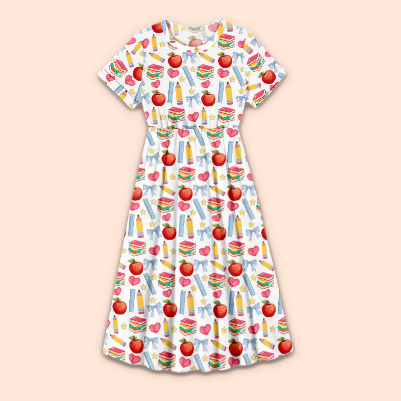 Apple Pencil Books Bow Teacher Printed One Piece Dress