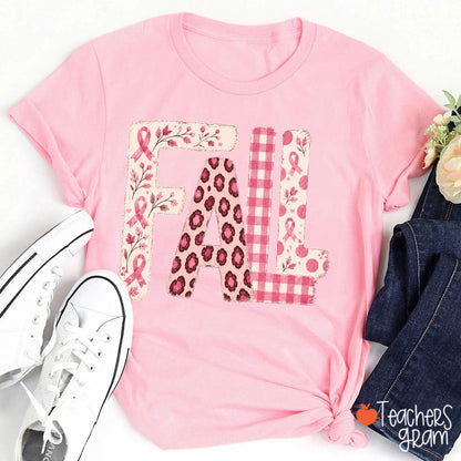 Pink Ribbon Fall Breast Cancer Teacher T-Shirt