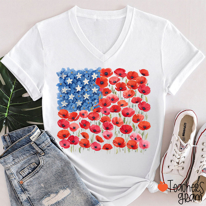 Floral USA Flag 250th Anniversary Teacher Female V-Neck T-Shirt