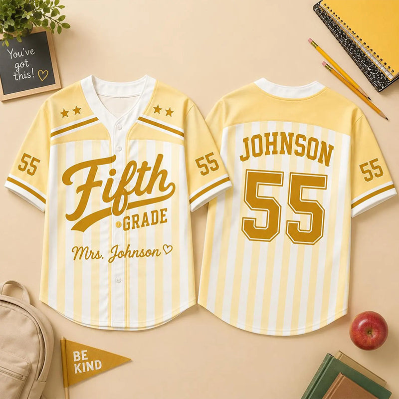 Personalized Grade And Name Preppy Color Block Stripes Script First Day Teacher Baseball Jersey