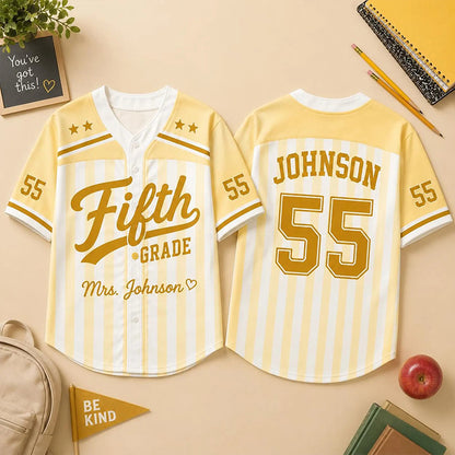 Personalized Grade And Name Preppy Color Block Stripes Script First Day Teacher Baseball Jersey