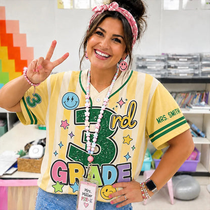 Personalized Grade And Name Preppy Stripes Satr Smile Teacher Baseball Jersey