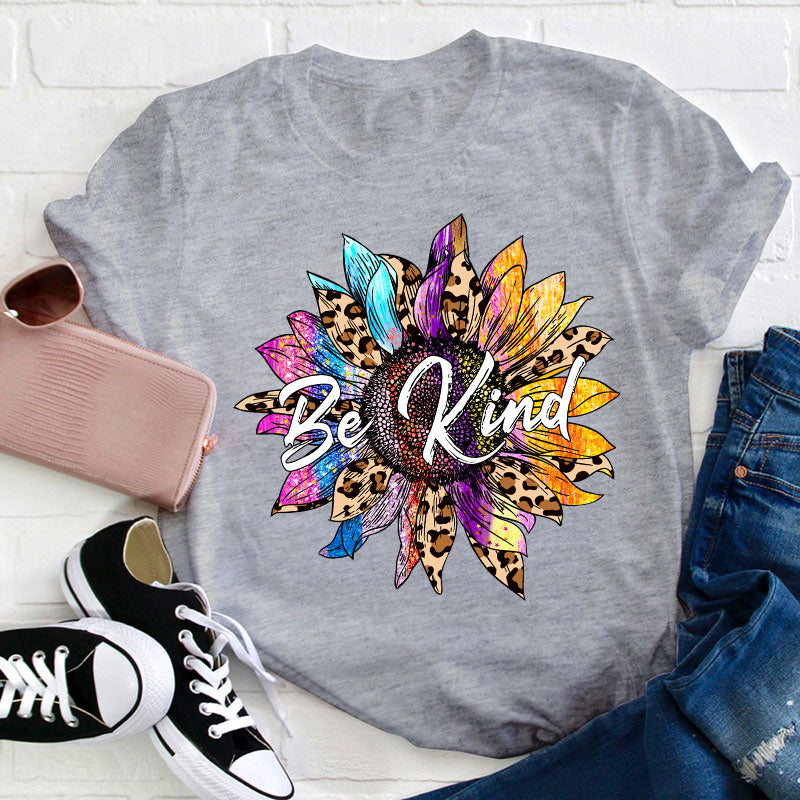 Be Kind Colorful Leopard Sunflower Teacher T-Shirt