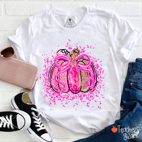 Pumpkin Theme Pink Ribbon Teacher T-Shirt