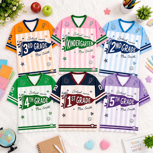 Personalized Grade And Name Preppy Stripes Patchwork First Day Teacher Mesh Jersey