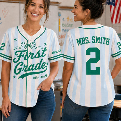 Personalized Grade And Name Stripe Bow Teacher Baseball Jersey