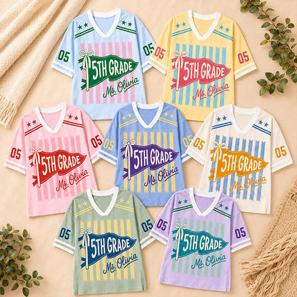 Personalized Grade And Name Preppy Stripes Pennant First Day Teacher Mesh Jersey
