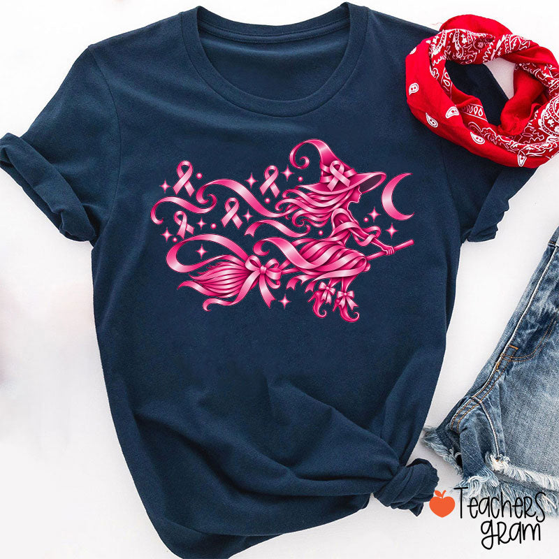Pink Ribbon Witch Broom Moon Stars Teacher T-Shirt