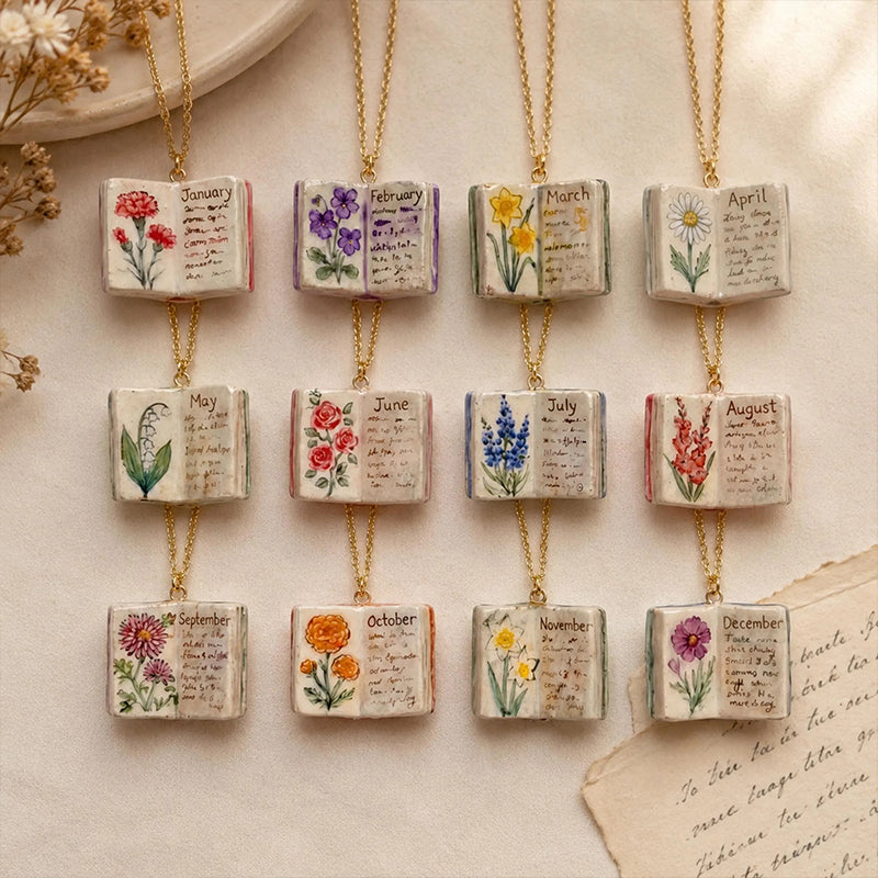 Hand-Painted Floral Design Porcelain Book Teacher Necklace