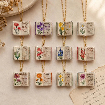 Hand-Painted Floral Design Porcelain Book Teacher Necklace