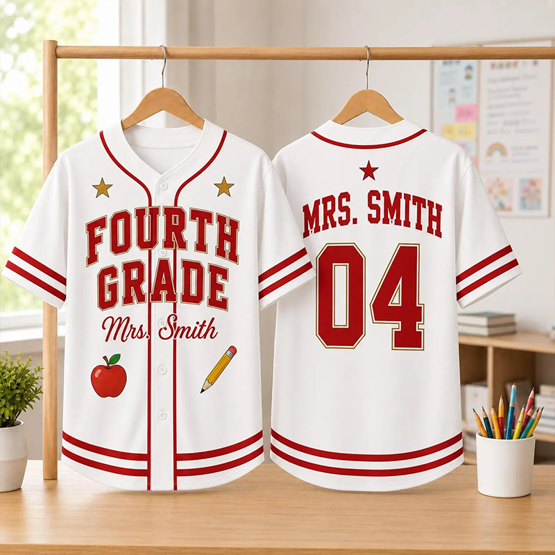 Personalized Grade And Name Apple Pencil Graphic Teacher Baseball Jersey
