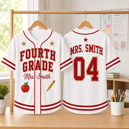 Personalized Grade And Name Apple Pencil Graphic Teacher Baseball Jersey
