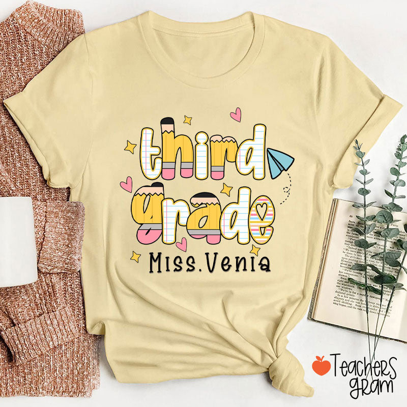 Personalized Name Grade Pencil Notebook Heart Star Paper Plane Teacher T-Shirt
