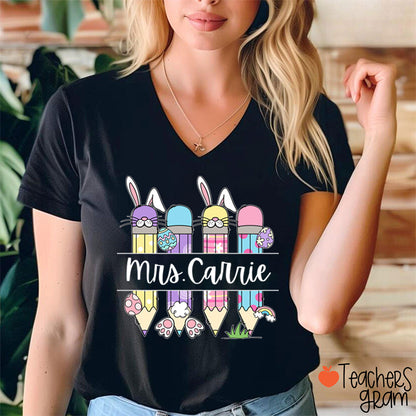 Personalized Easter Name Teacher Female V-Neck T-Shirt