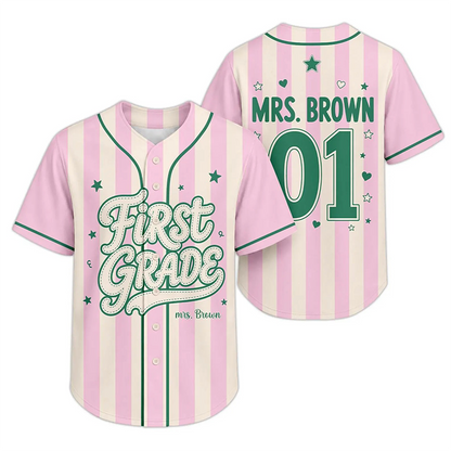 Personalized Grade Striped Star Heart Print Teacher Baseball Jersey