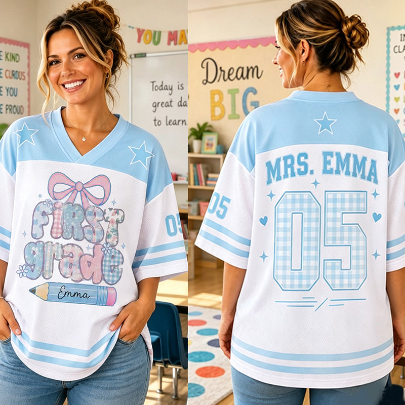Personalized Grade And Name Gingham Bow Pencil Teacher Mesh Jersey