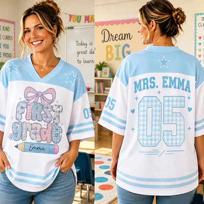 Personalized Grade And Name Gingham Bow Pencil Teacher Mesh Jersey