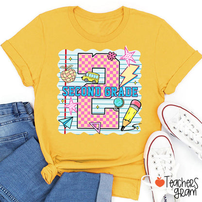 Personalized Pink Plaid And Notebook Style Teacher T-Shirt
