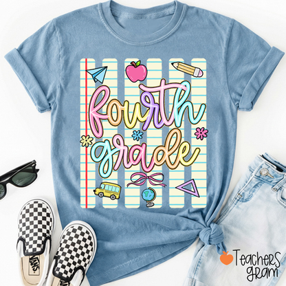 Personalized Grade Notebook Stripes Cute Icons Teacher T-Shirt