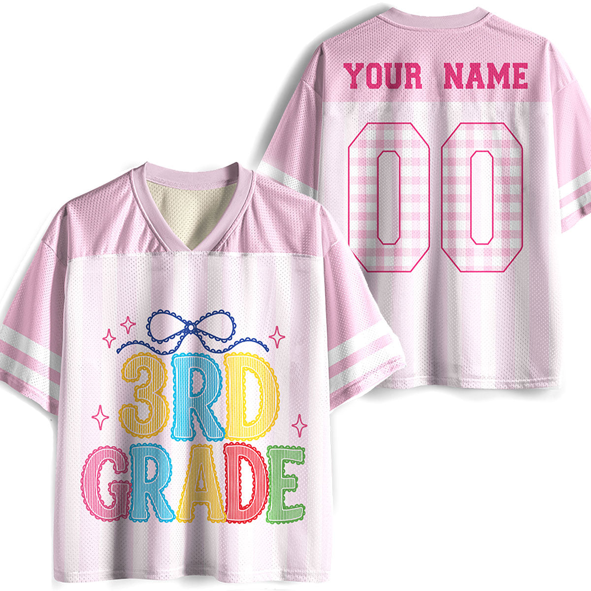 Personalized Grade And Name Lace Gingham Coquette Bow Teacher Mesh Jersey