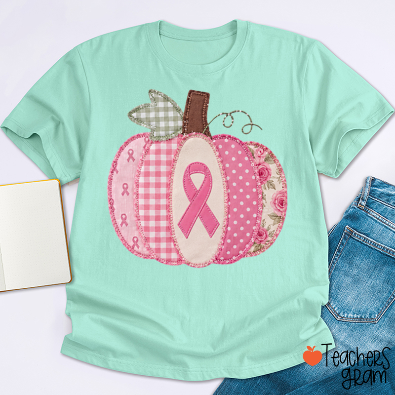 Pink Faux Patchwork Pumpkin Ribbon Teacher T-Shirt