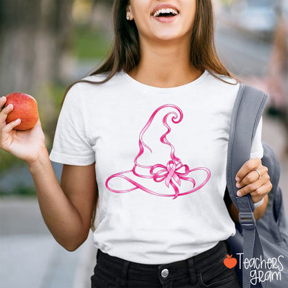 Halloween Witch Hat Pink Ribbon Breast Cancer Support Teacher T-Shirt