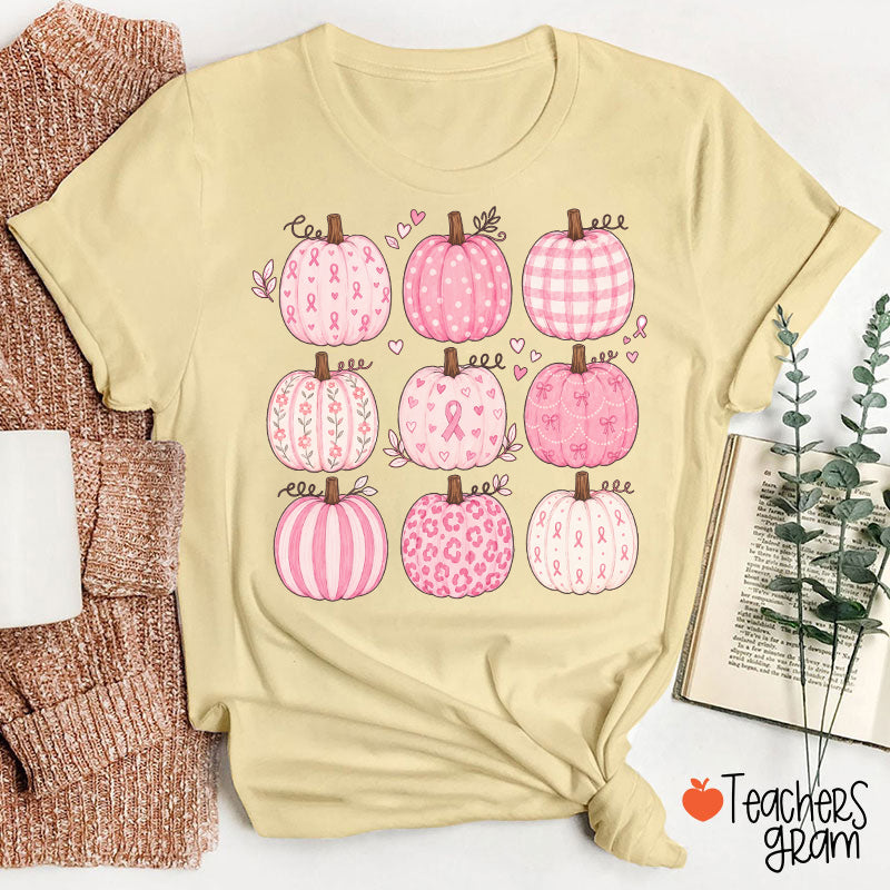 Pink Ribbon Breast Cancer Awareness Grid Pumpkin Teacher T-Shirt