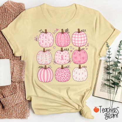 Pink Ribbon Breast Cancer Awareness Grid Pumpkin Teacher T-Shirt