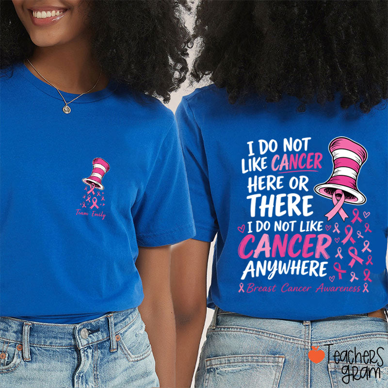 Personalized Team Name Pink Ribbon Striped Hat Teacher Two Sided T-Shirt