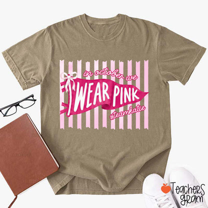 Personalized In October We Wear Pink Pink Stripe Flag Bow Teacher T-Shirt