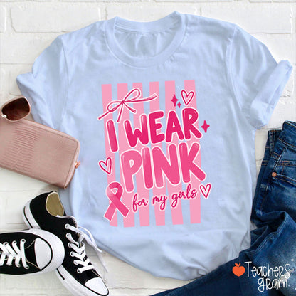 Personalized I Wear Pink For My People Striped Pink Ribbon Teacher T-Shirt