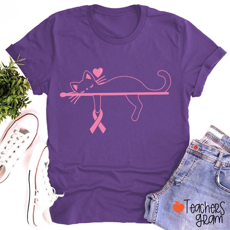 Black Cat With Pink Ribbon Awareness Teacher T-Shirt