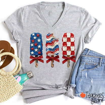 Patriotic Popsicle Teacher Female V-Neck T-Shirt