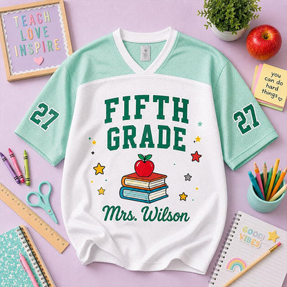 Personalized Grade Teacher Name And Number Apple Book Teacher Mesh Jersey