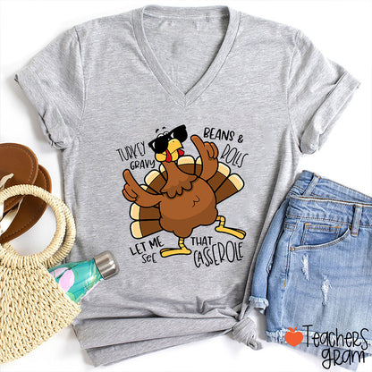 Turkey Gravy Beans Rolls Thanksgiving Teacher Female V-Neck T-Shirt