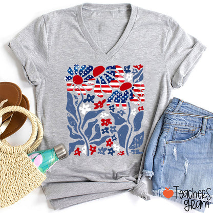 Boho Patriotic Daisy American Flag Floral Teacher Female V-Neck T-Shirt