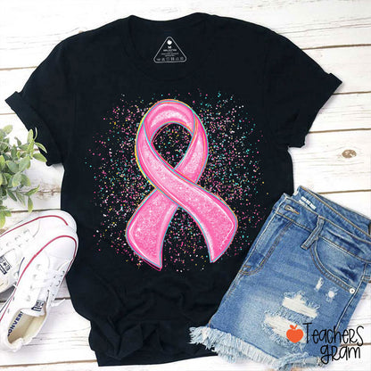 Sparkly Pink Ribbon Awareness Teacher T-Shirt