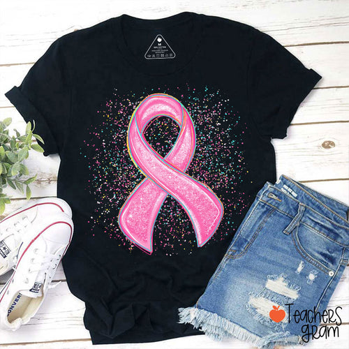 Sparkly Pink Ribbon Awareness Teacher T-Shirt