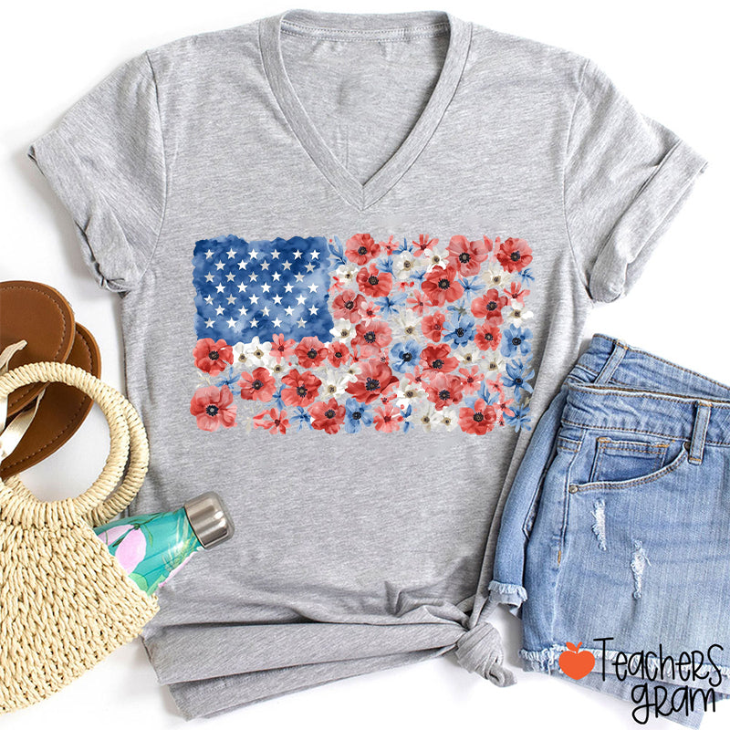 Vintage Floral USA Flag Teacher Female V-Neck T-Shirt
