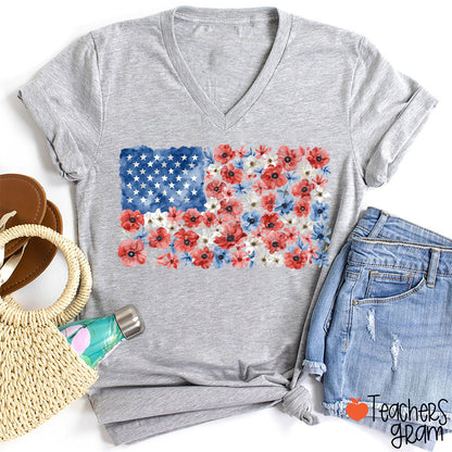 Vintage Floral USA Flag Teacher Female V-Neck T-Shirt